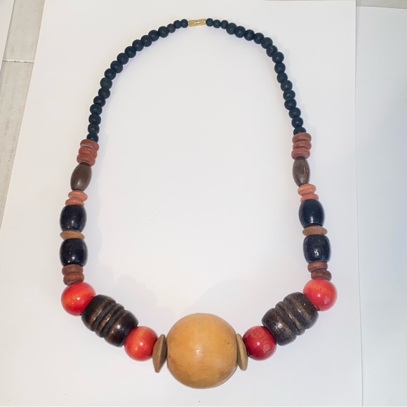 Vintage Brown & Orange Chunky Wood Beaded Statement Necklace BoHo Retro - Picture 5 of 6